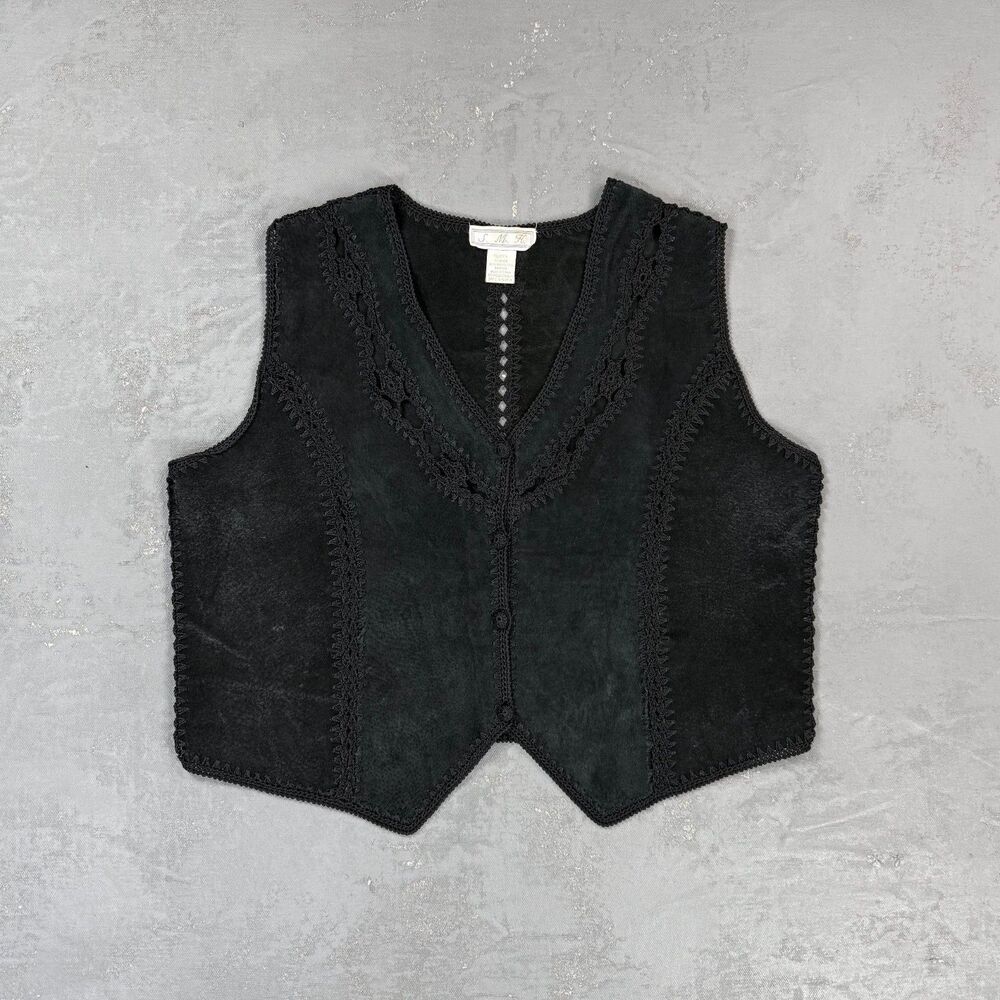 Vintage S.M.H. Suede Leather with Crochet Trim Vest Women's Large
